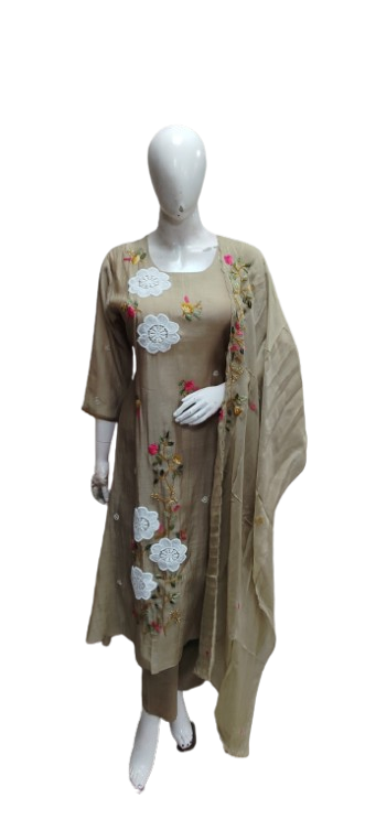 Premium Mul chanderi applique work suit set