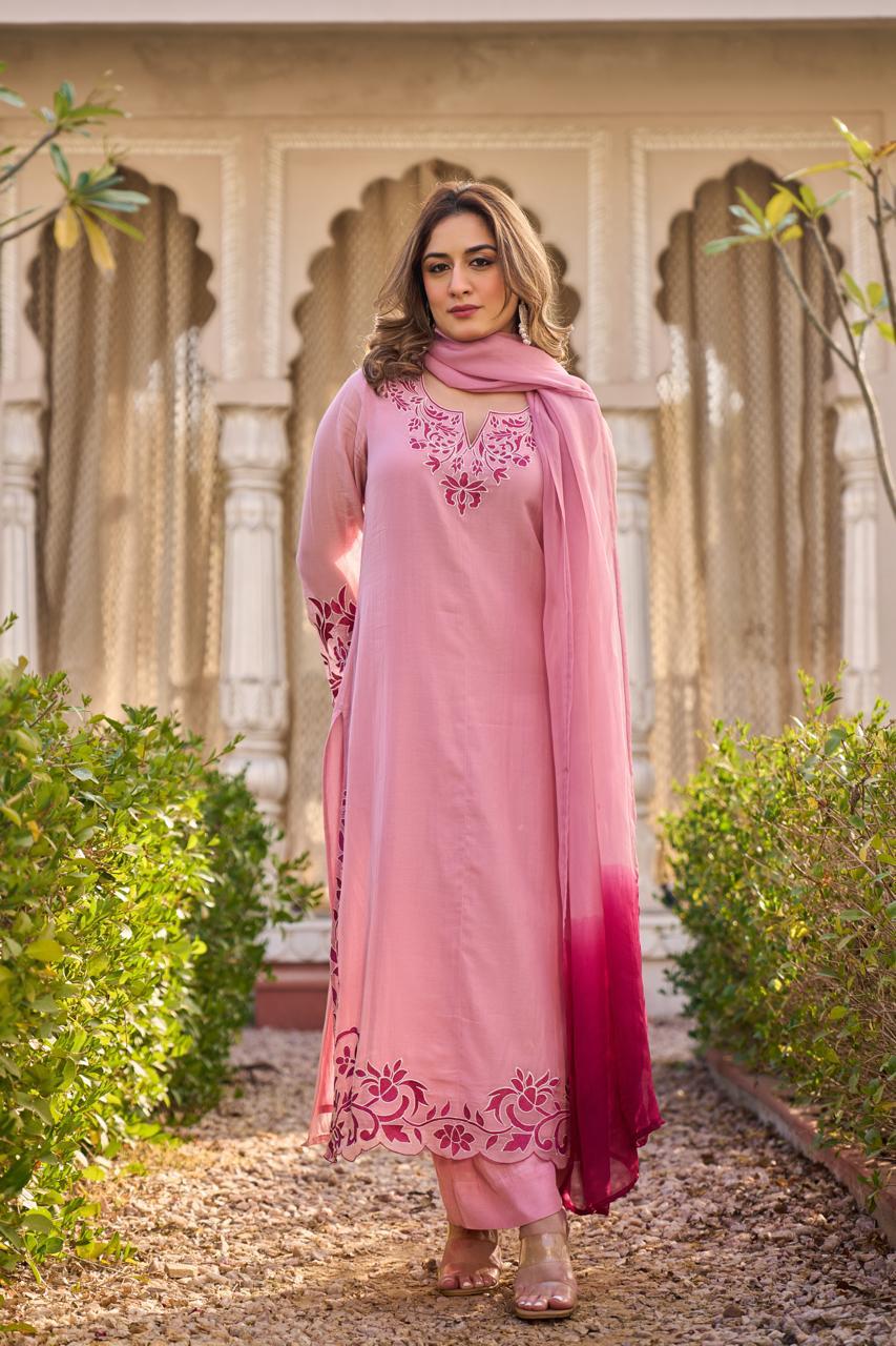 Fully embroidered and cutwork Mul chanderi suit set in pink ombre