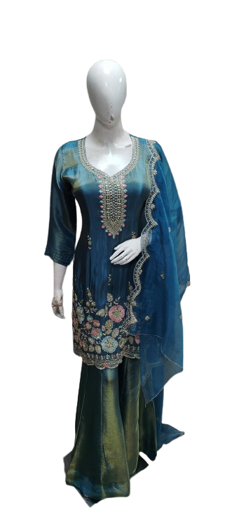 Premium tissue handwork suit set in blue
