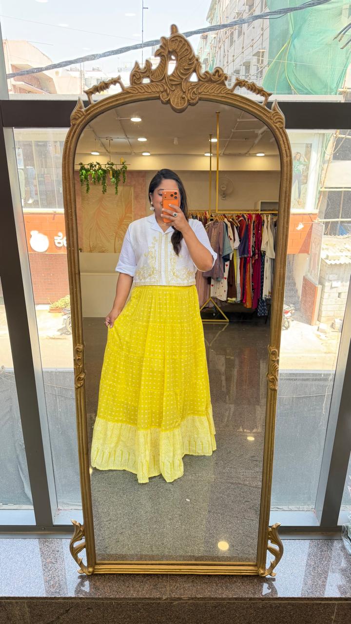 Pure Mul cotton lining skirt paired with embroidered crop top in yellow
