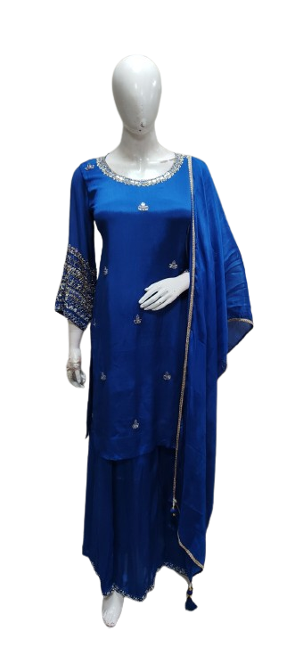 Royal blue heavy mirror work premium chinon plazzo set