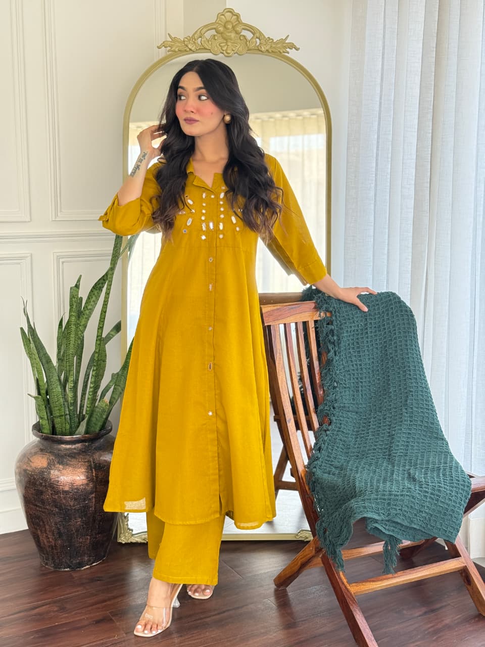 Real mirror solid colour co ord set in yellow
