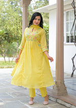 Super pretty Mul Mul cotton fully embroidered A line suit set in yellow with designer pocket