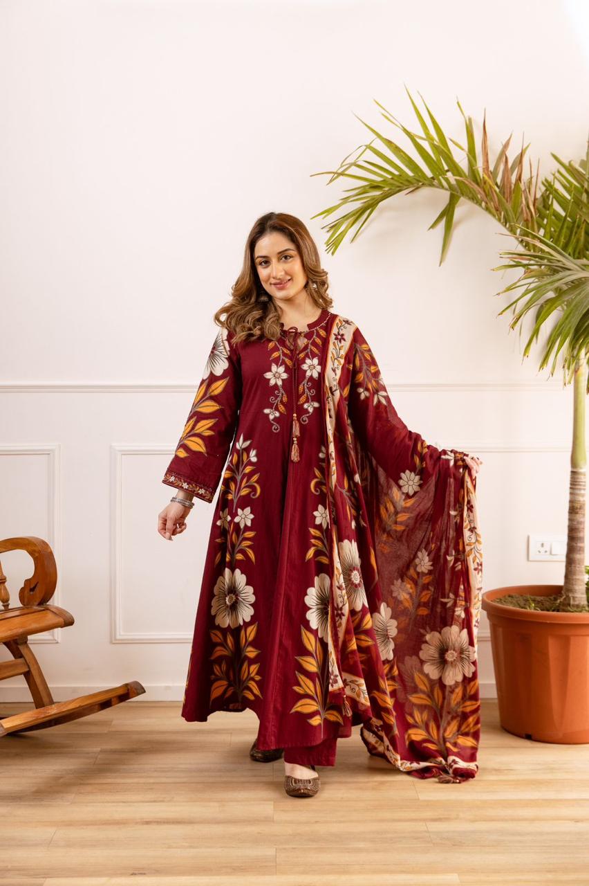 Wow cotton designer full suit set in red