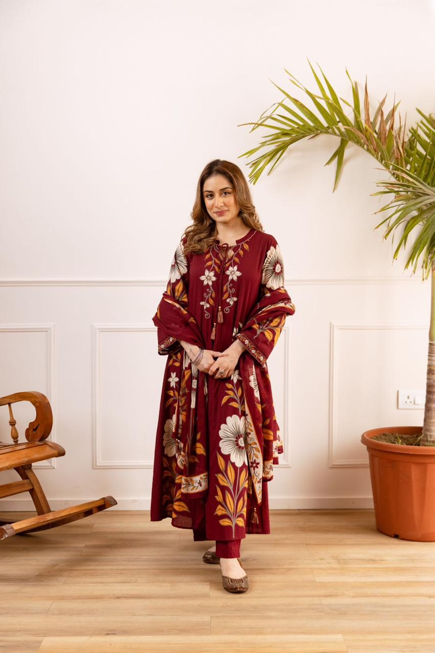 Wow cotton designer full suit set in red