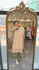 Mul cotton lining Kashmiri embroidered co ord set in beige