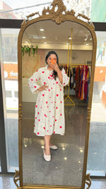 Organic cotton embroidered shrug dress. A smart piece