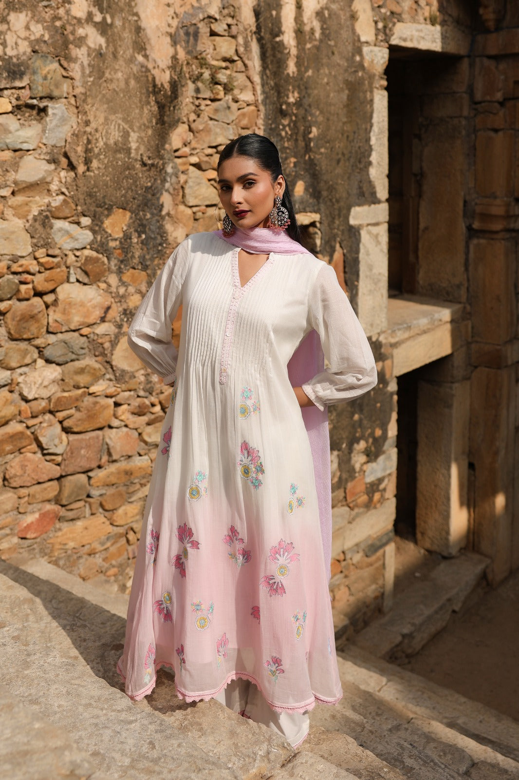 Designer premium Mul cotton ombré effect lining suit set in pink