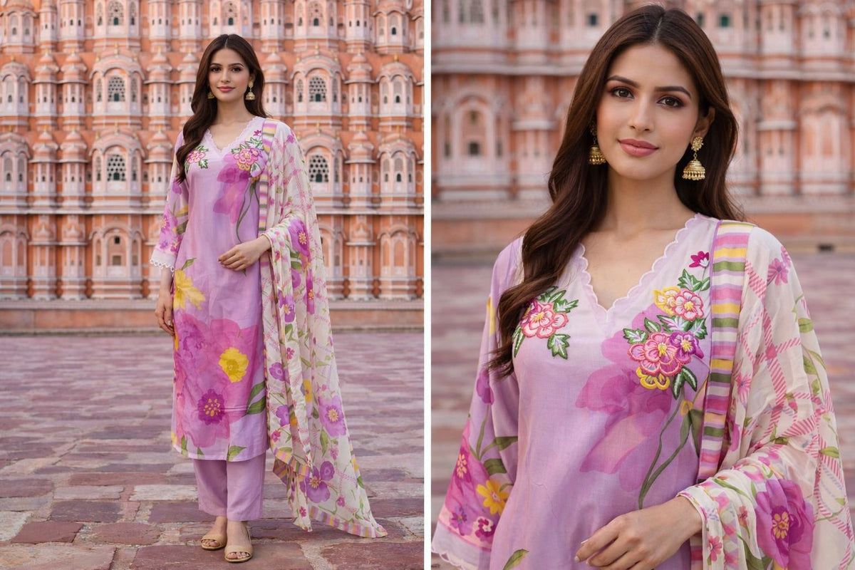 Pure Mul silk with designer bell sleeves digital printed suit set in purple with a pretty embroidered yoke
