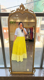 Pure Mul cotton lining skirt paired with embroidered crop top in yellow