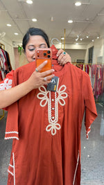 Orange colour embroidery suit in solid colour