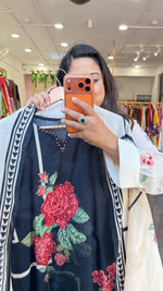 Black digital printed premium cotton suit set in black