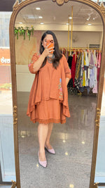 Restocked!!Cotton embroidered detachable shrug pocket dress with lace detailing in powder brown!