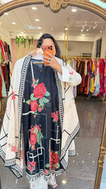 Black digital printed premium cotton suit set in black