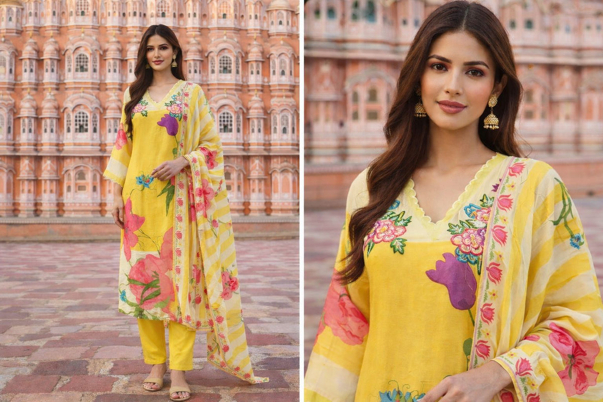 Pure Mul silk with designer bell sleeves digital printed suit set in yellow with a pretty embroidered yoke