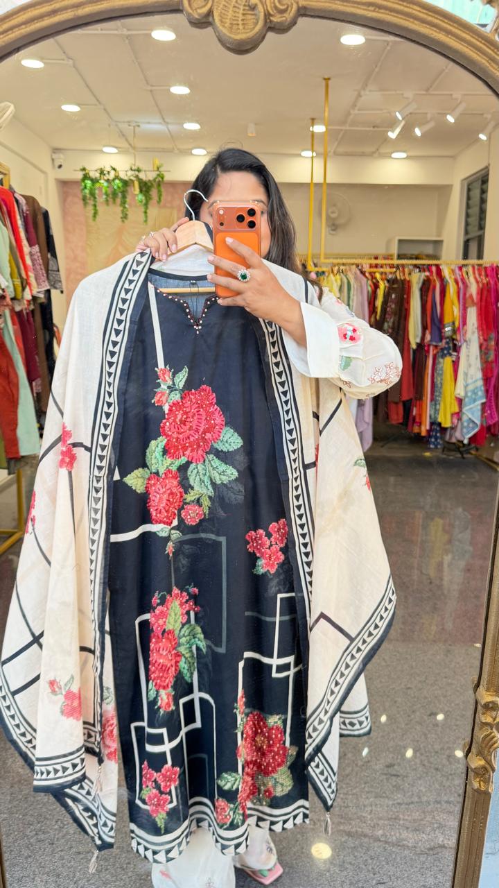 Black digital printed premium cotton suit set in black