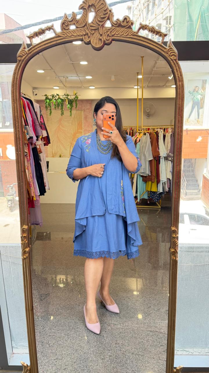 Restocked!!Cotton embroidered detachable shrug pocket dress with lace detailing in powder blue!