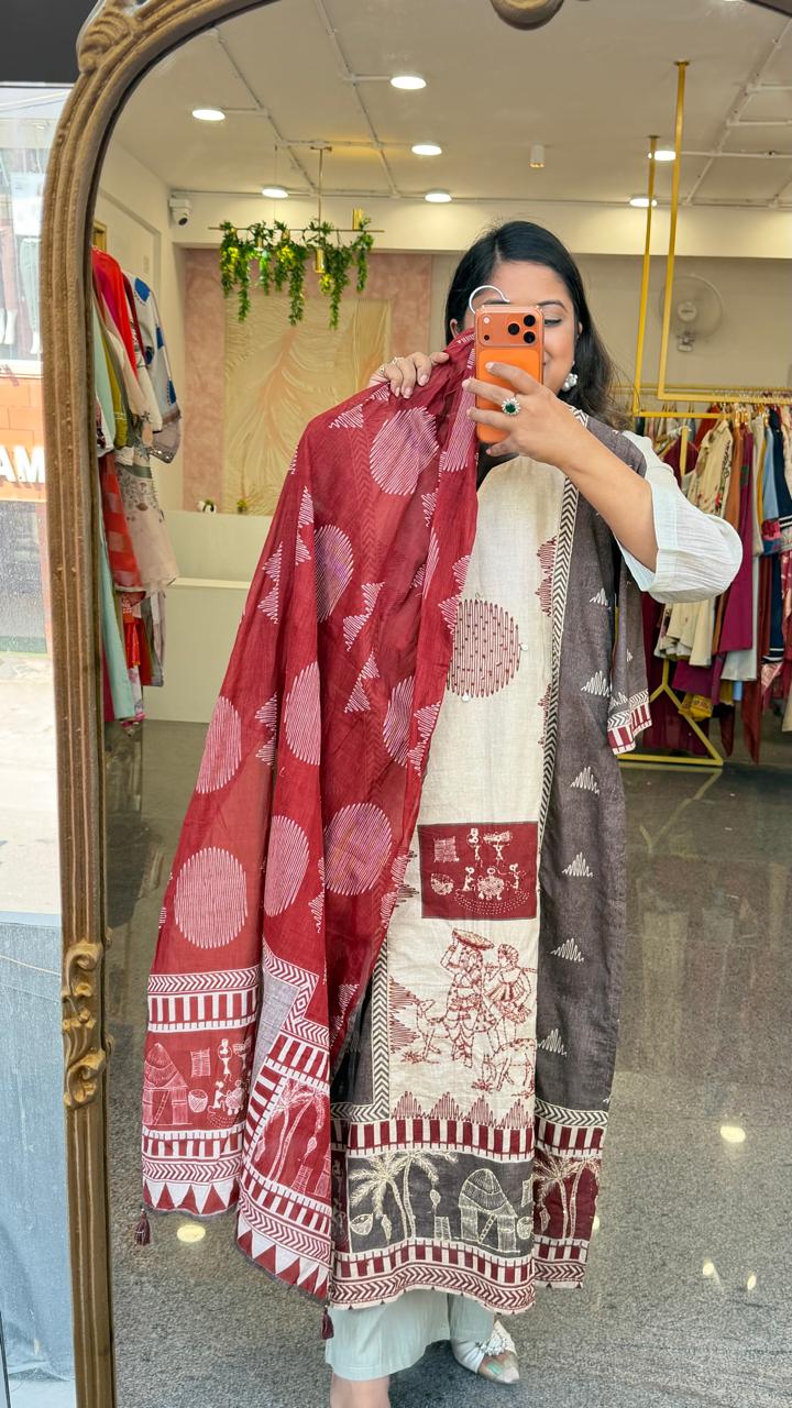 Pretty ajrakh cotton full suit set highlighted with katha stitch