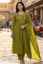 Embroidered Cotton angrakha suit set in green
