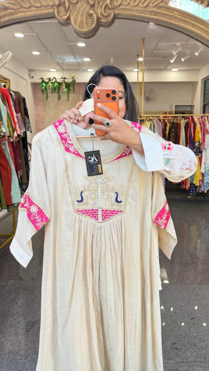 Premium Mul chanderi with heavy hand work suit set with pink n blue highlight