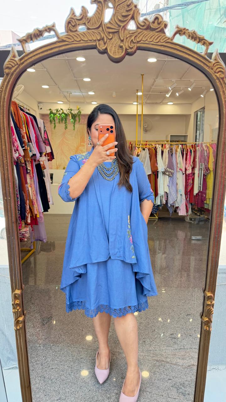 Restocked!!Cotton embroidered detachable shrug pocket dress with lace detailing in powder blue!