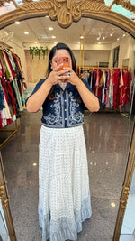 Pure Mul cotton lining skirt paired with embroidered crop top in blue