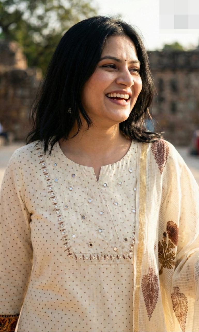 Premium cotton block printed suit set paired with Kota checks dupatta