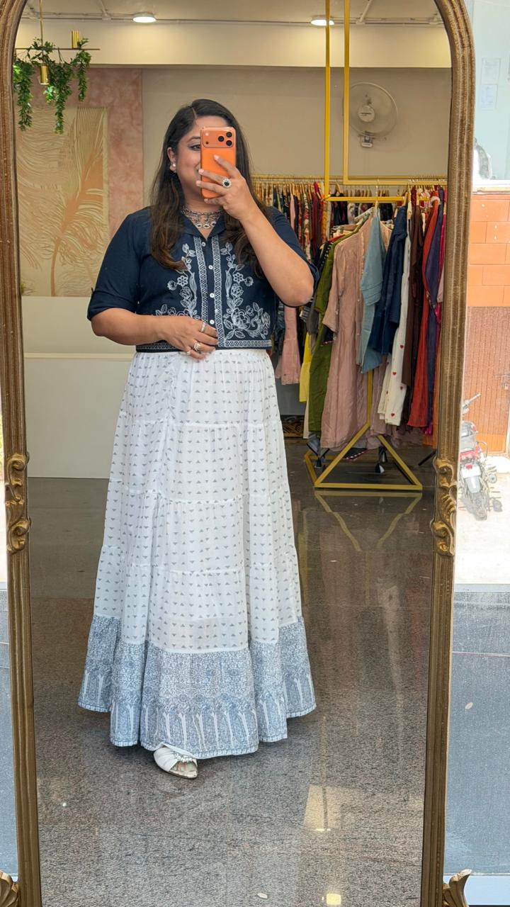 Pure Mul cotton lining skirt paired with embroidered crop top in blue