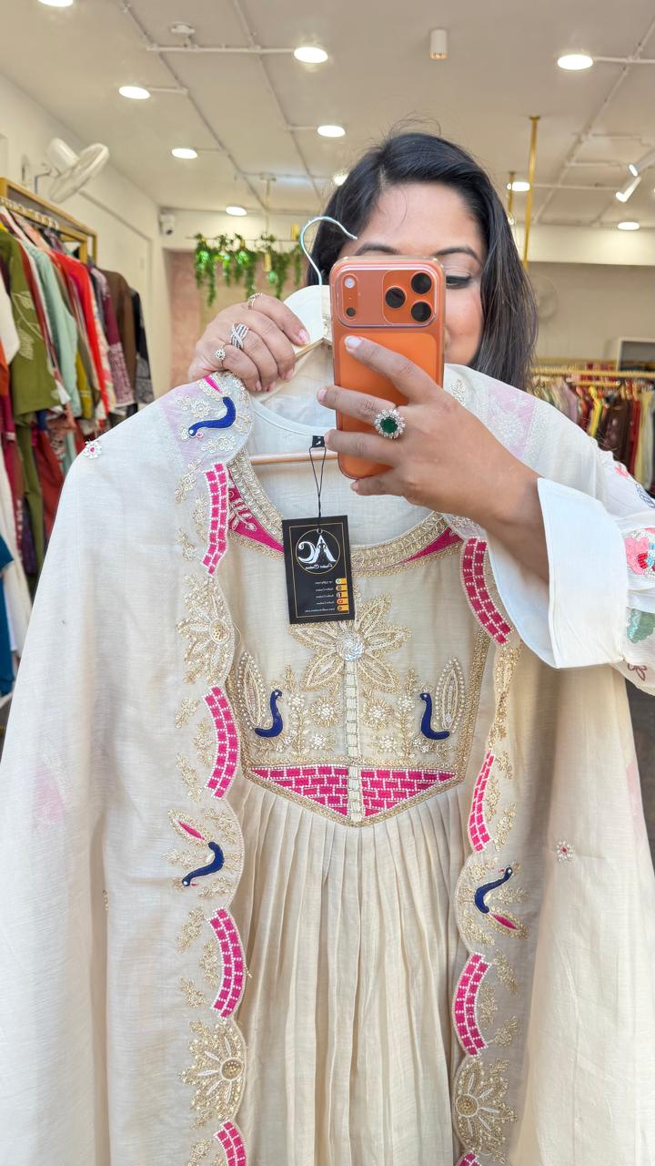 Premium Mul chanderi with heavy hand work suit set with pink n blue highlight