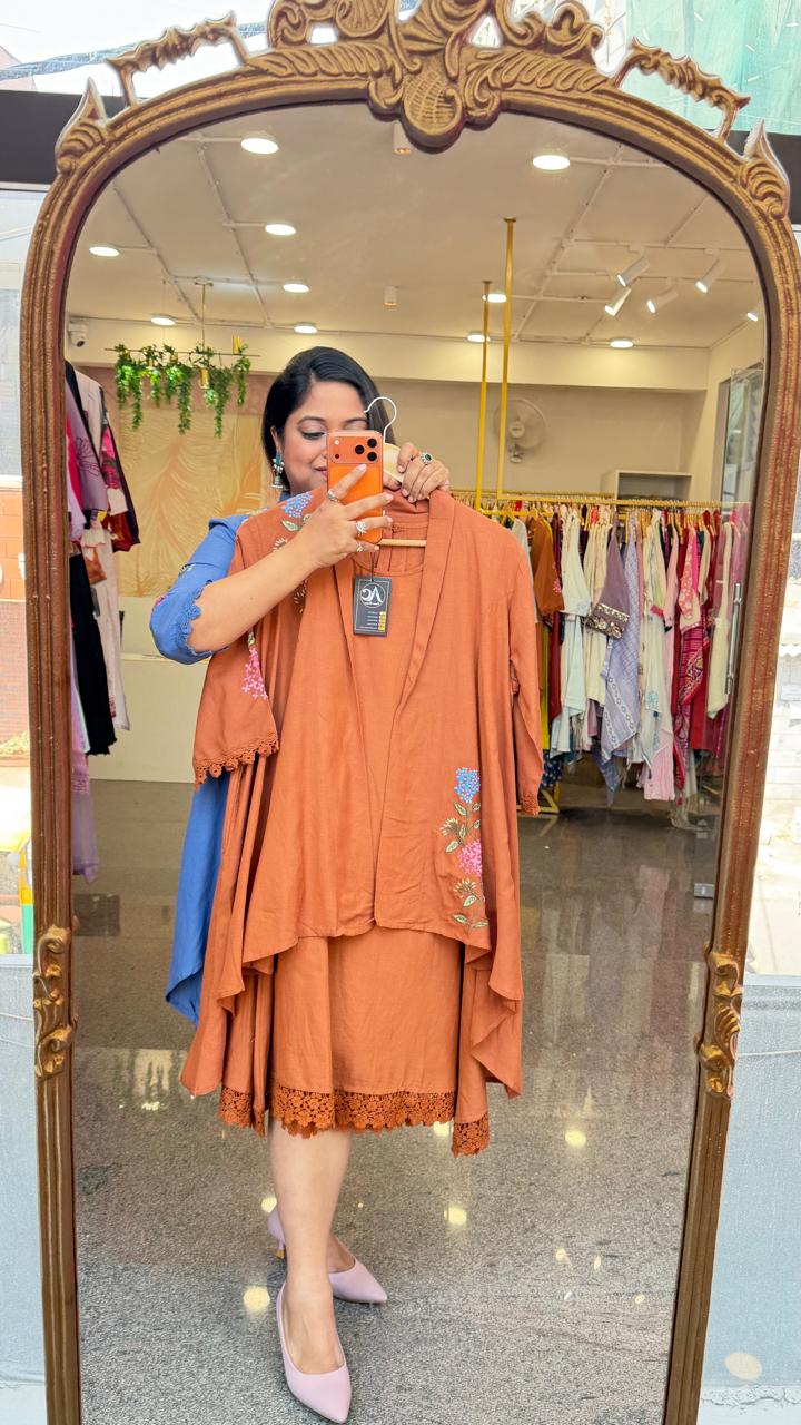 Restocked!!Cotton embroidered detachable shrug pocket dress with lace detailing in powder brown!
