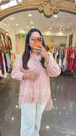 Restocked on high demand! Pure banarsi Mul chanderi nude pink fully embroidered co ord set paired with linen pants and a spaghettI