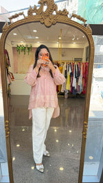 Restocked on high demand! Pure banarsi Mul chanderi nude pink fully embroidered co ord set paired with linen pants and a spaghettI