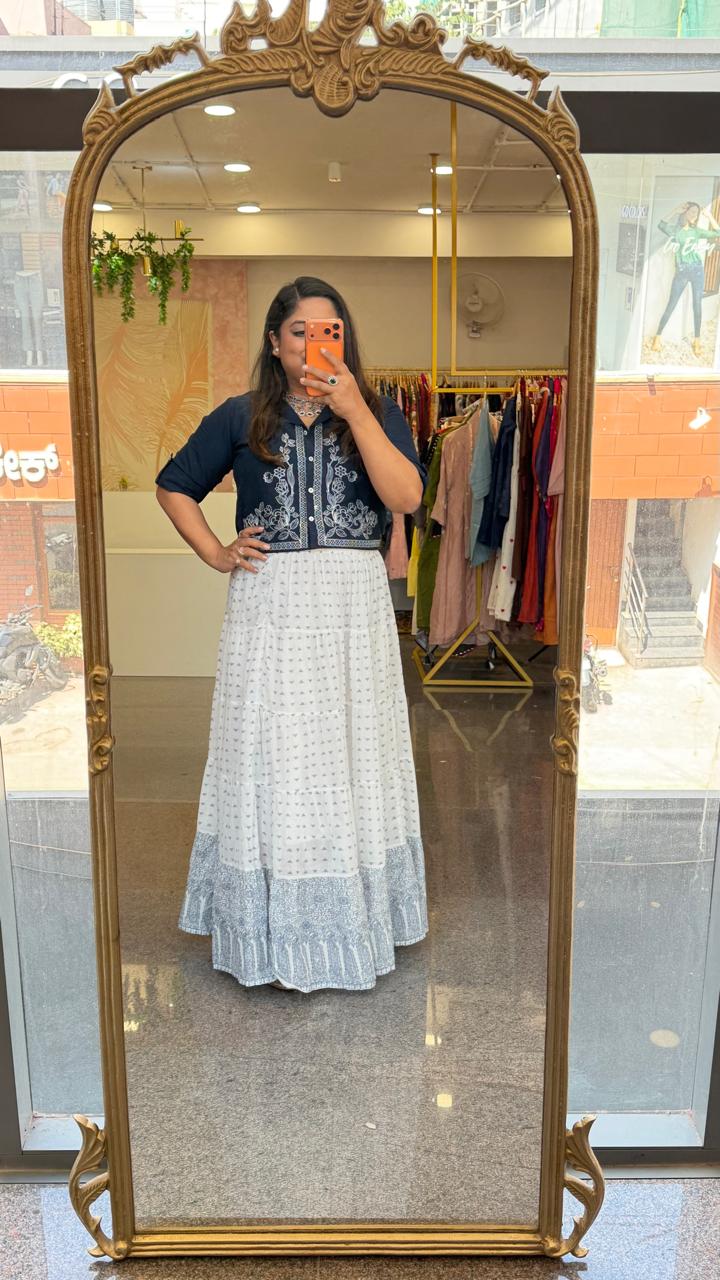 Pure Mul cotton lining skirt paired with embroidered crop top in blue