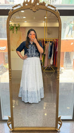 Pure Mul cotton lining skirt paired with embroidered crop top in blue