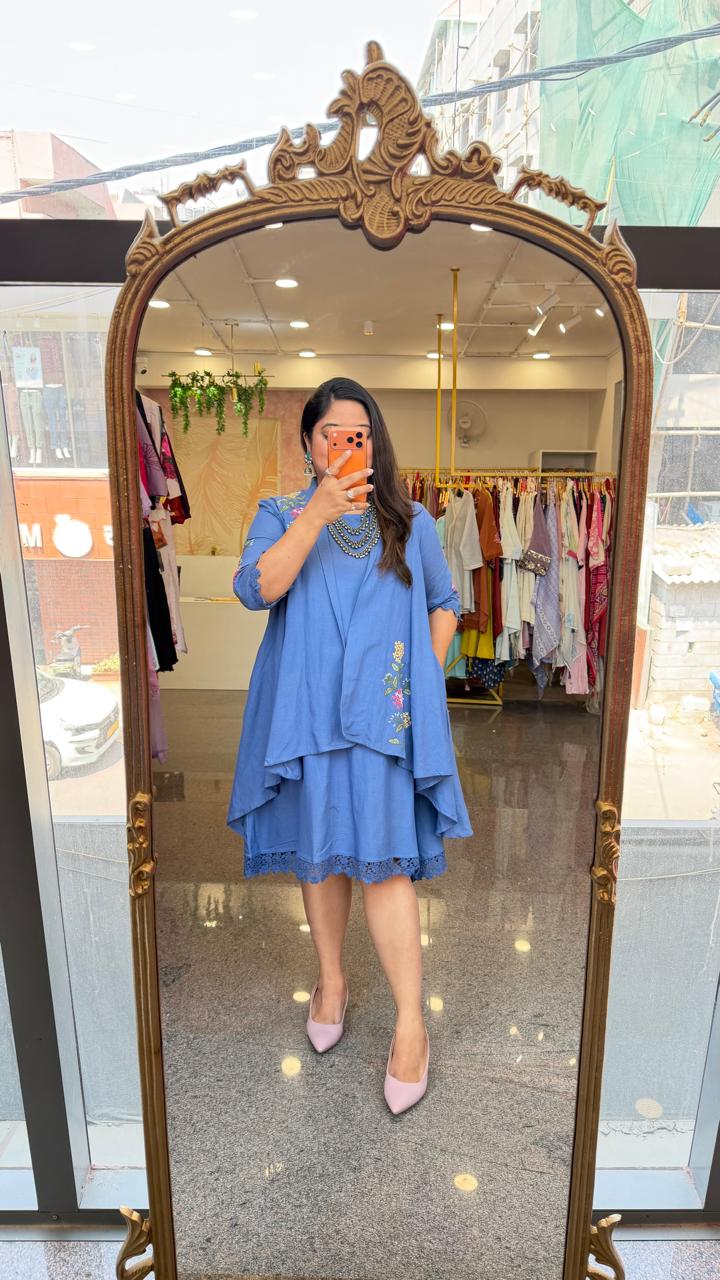 Restocked!!Cotton embroidered detachable shrug pocket dress with lace detailing in powder blue!