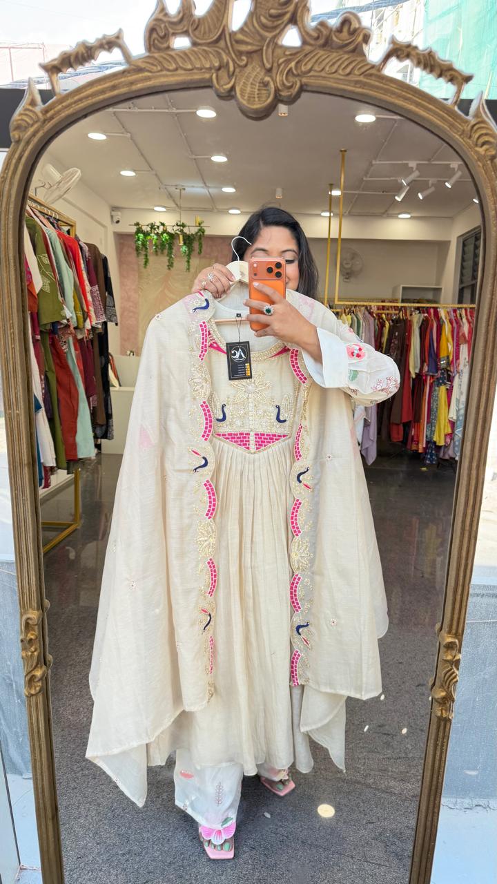 Premium Mul chanderi with heavy hand work suit set with pink n blue highlight