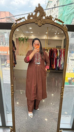 Pure cotton real mirror suit set paired with block print dupatta in brown