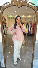 Restocked on high demand! Pure banarsi Mul chanderi nude pink fully embroidered co ord set paired with linen pants and a spaghettI