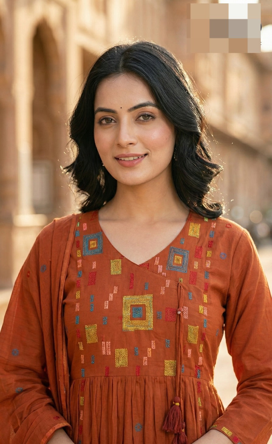 Embroidered Cotton angrakha suit set in orange