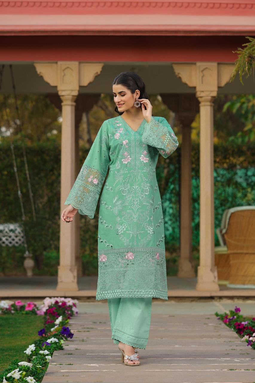 Super stylish smart cutwork full suit set in green