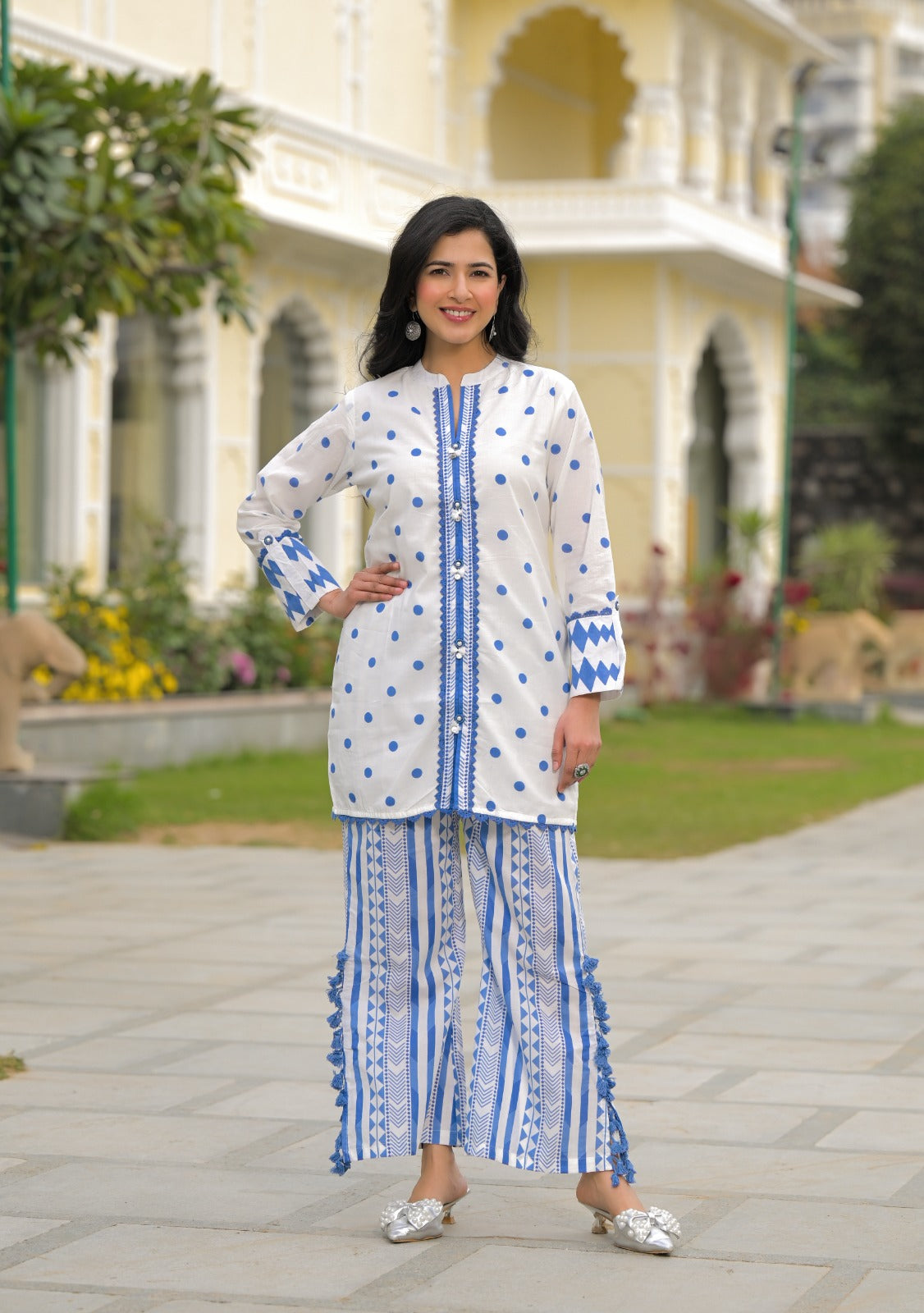Pure cotton polka dot lining with designer pant co ord set