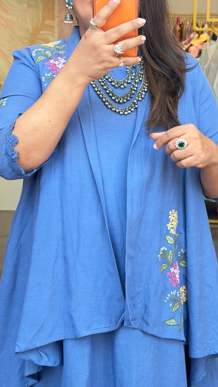 Restocked!!Cotton embroidered detachable shrug pocket dress with lace detailing in powder blue!