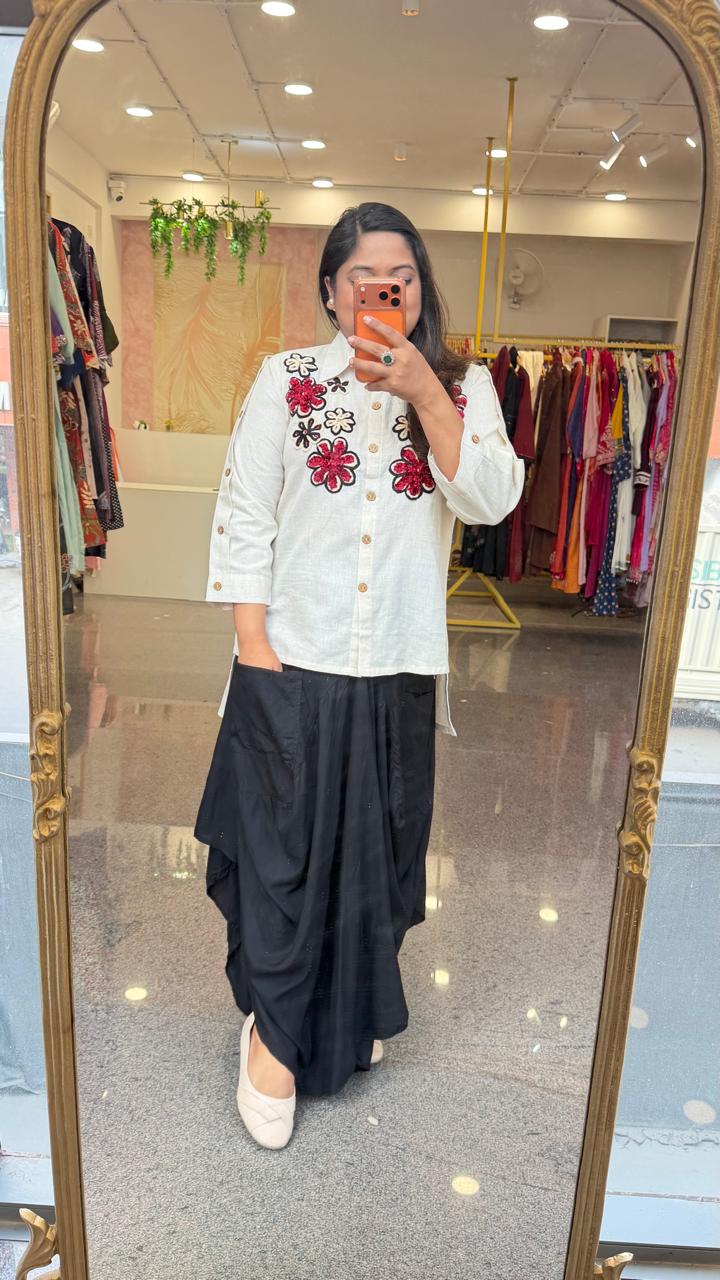 Super smart embroidered top paired with a super soft versatile soft gaji silk coule skirt