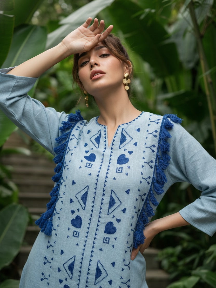 Super smart premium cotton fully embroidered with pockets co ord set in blue