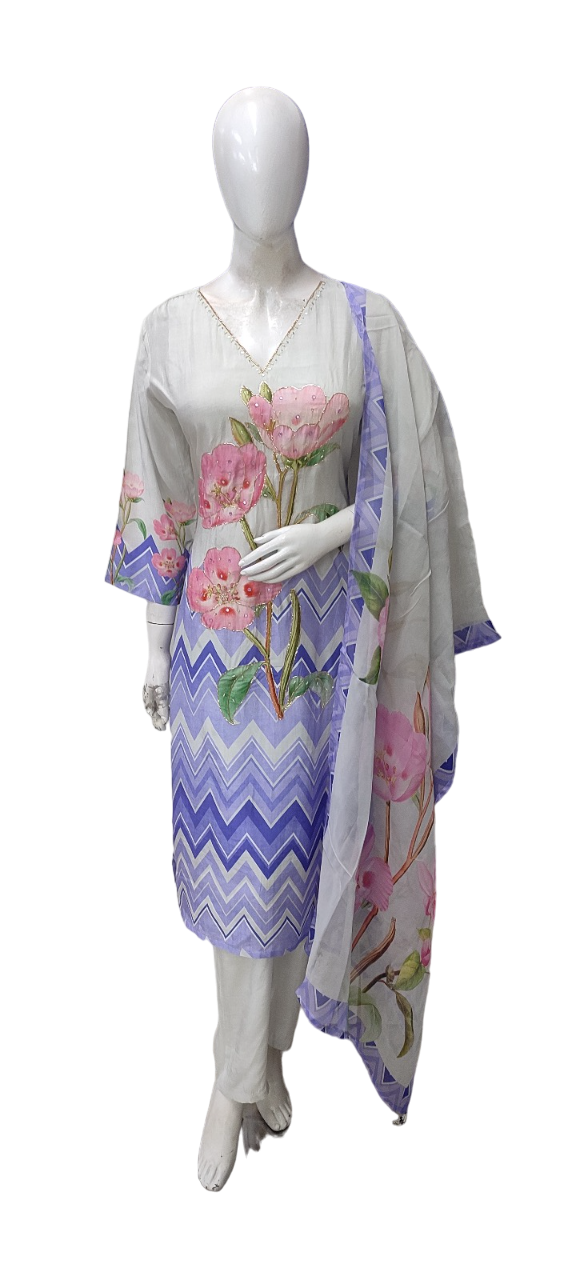 Pure muslin silk with beautiful hand work on digital print