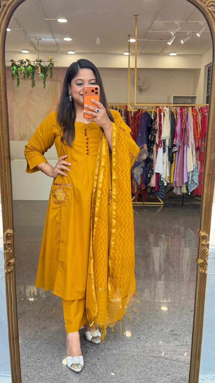 Pretty designer back and pocket paired with cotton chanderi dupatta full suit set in premium cotton in yellow