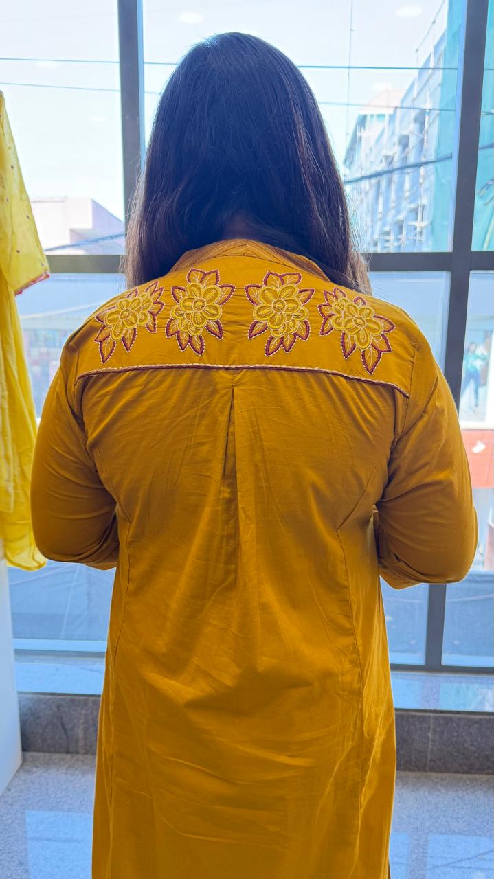 Pretty designer back and pocket paired with cotton chanderi dupatta full suit set in premium cotton in yellow
