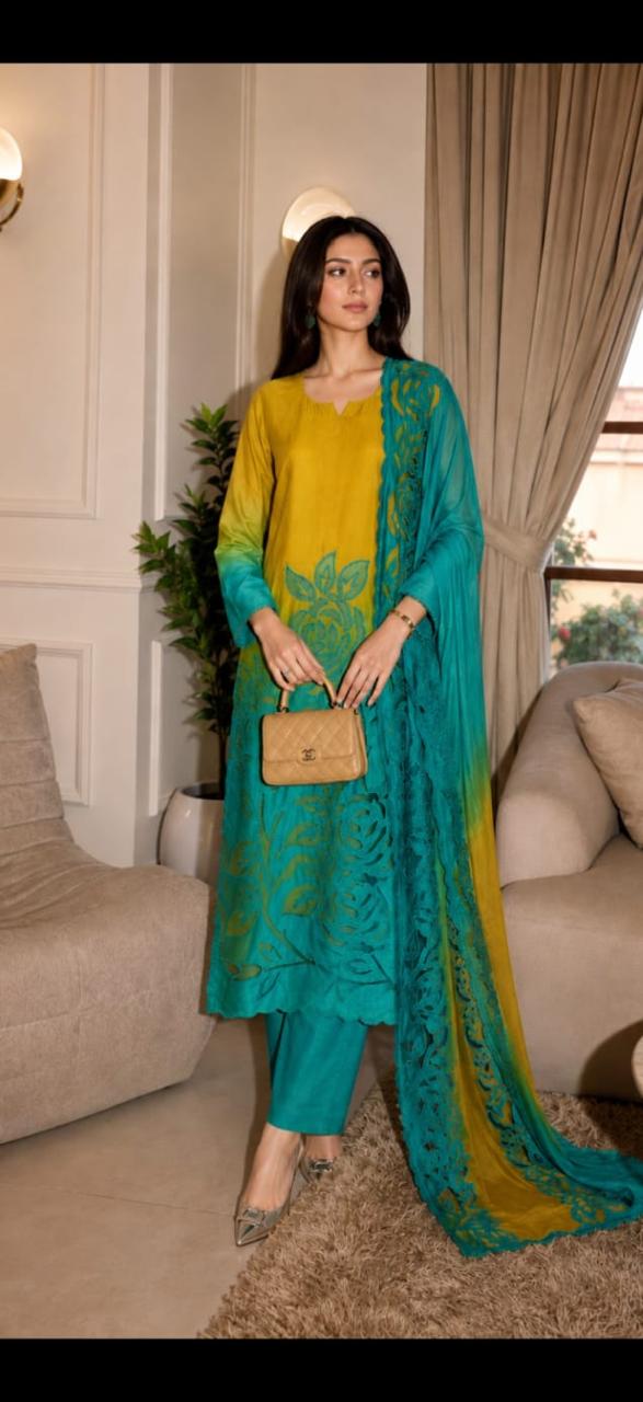 Pretty ombré cutwork suit set in yellow