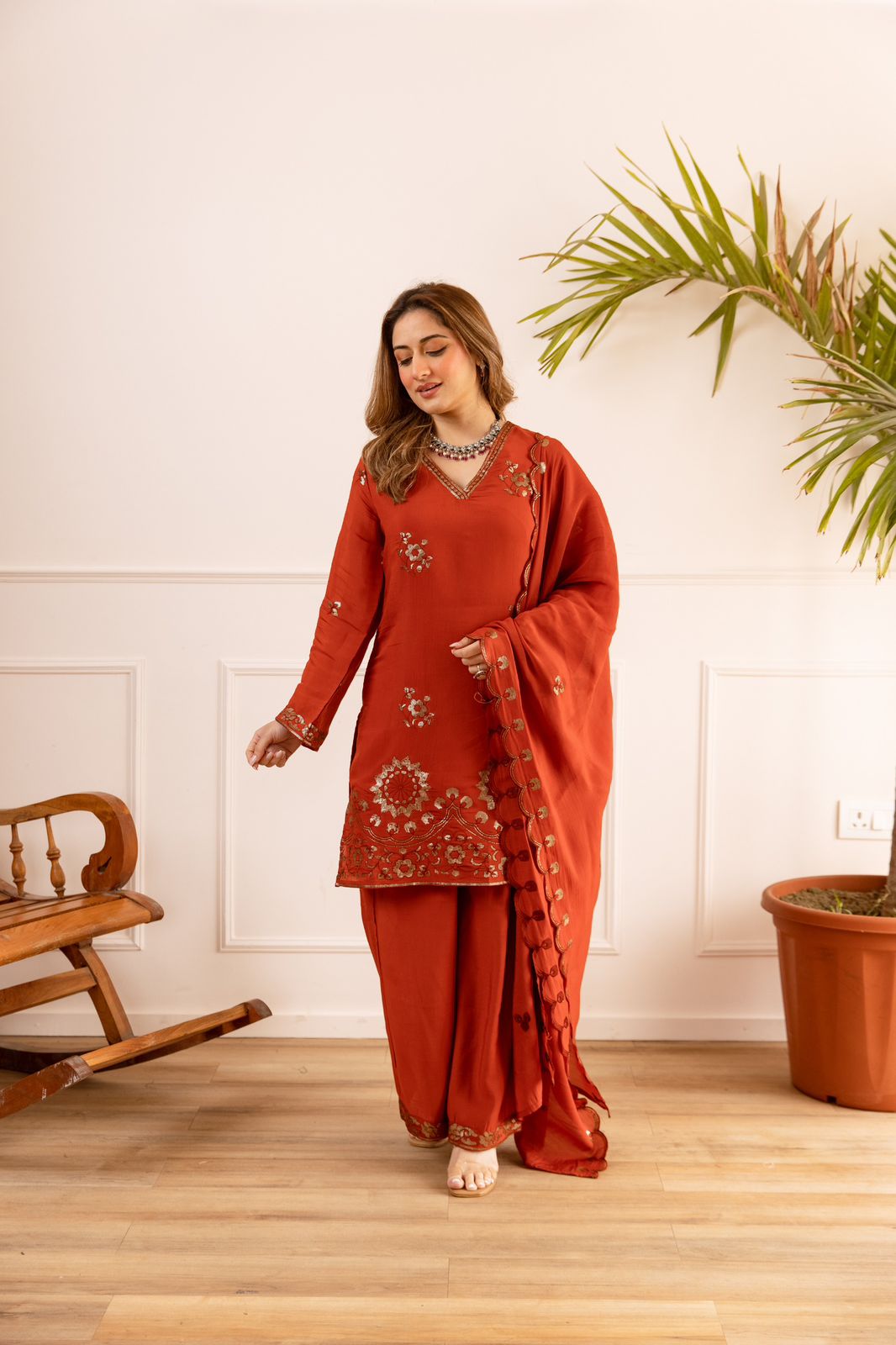 Soft Chanderi silk plazzo set in orange