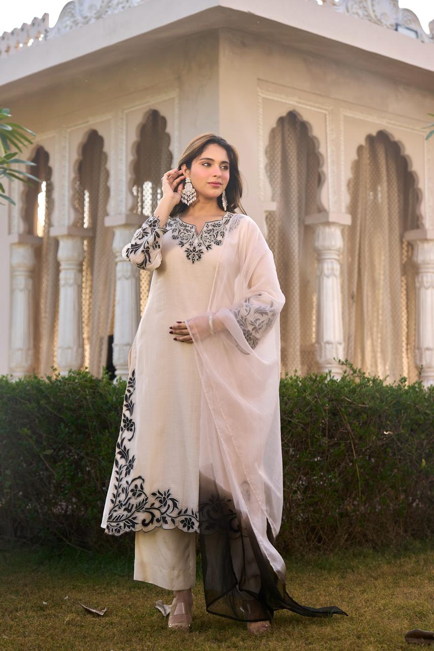 Fully embroidered and cutwork Mul chanderi suit set in white n black